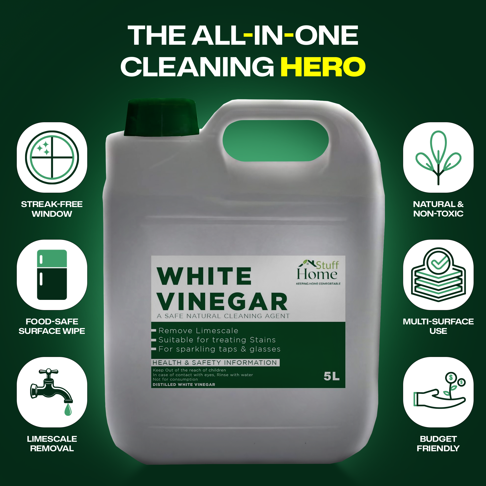 Home Stuff White Vinegar - for Cleaning, Pickling, Marinating & Cooking - Distilled White Vinegar- 5 Litre Bottle